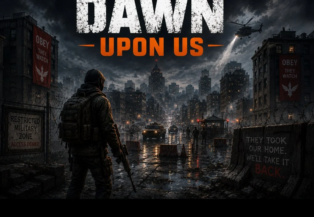 Dawn Upon Us concept artwork: a figure overlooking an occupied city